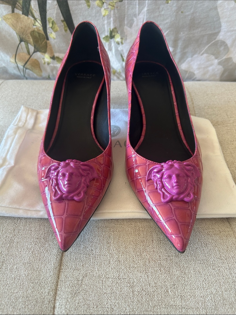 Versace Fuchsia Patent Croc Medusa Pointed-Toe kitten heels